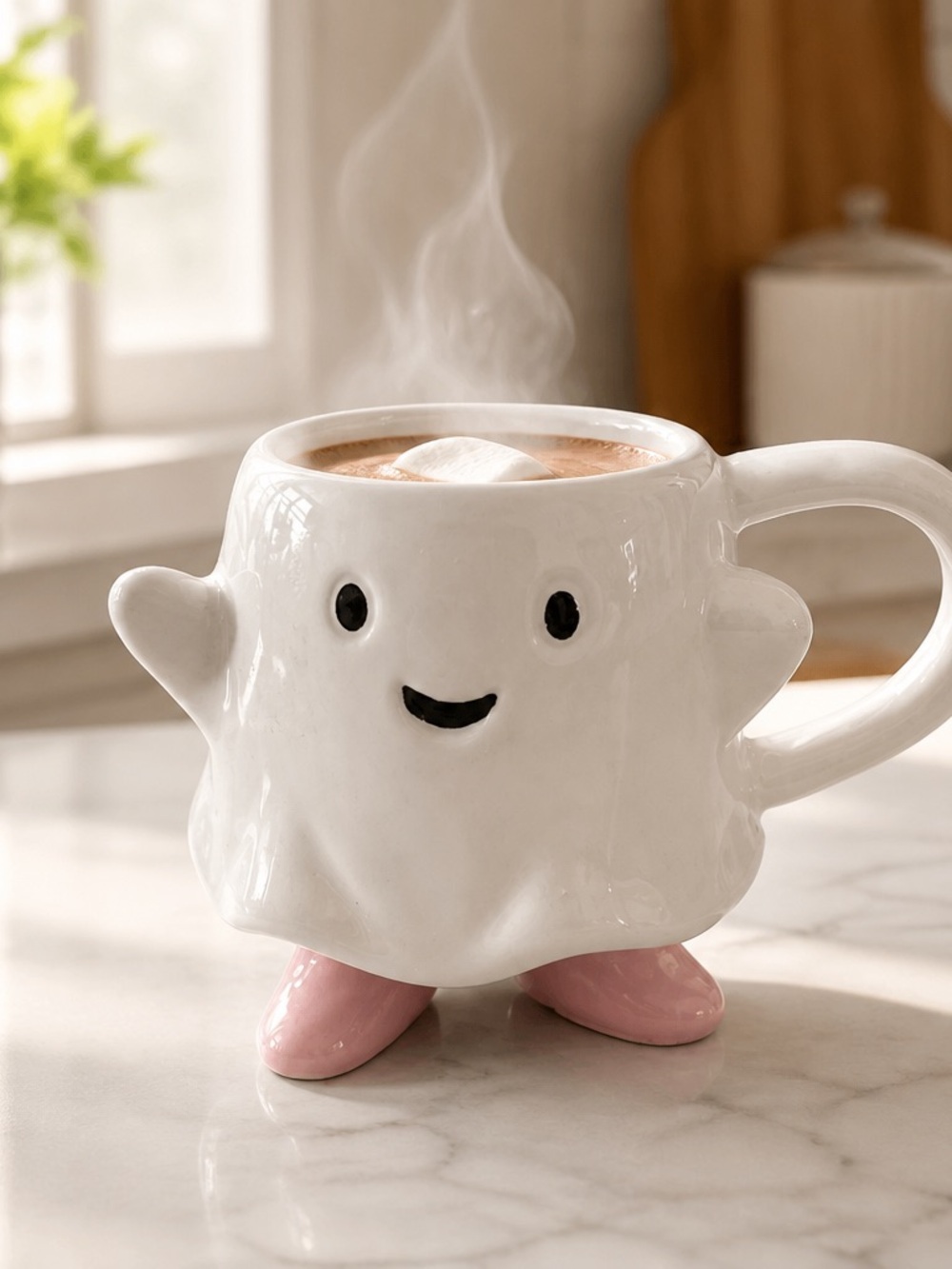 Cute Ghost Ceramic Coffee Mug with Pink Feet - White